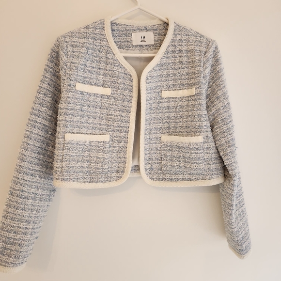 Jackets & Blazers - Korean Fashion - Light Blue Tweed Boxy Crop Jacket